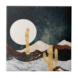 Abstrakt Desert Night Himmel med Golden Cactus Kakelplatta