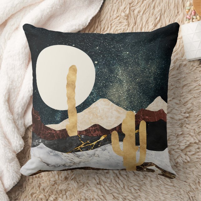 Abstrakt Desert Night Himmel med Golden Cactus Kudde (Filt)