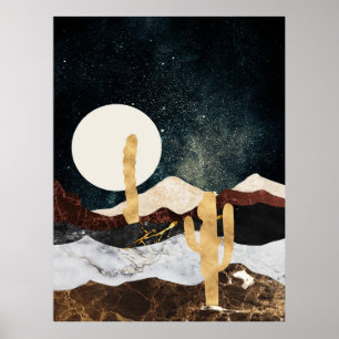 Abstrakt Desert Night Himmel med Golden Cactus Poster