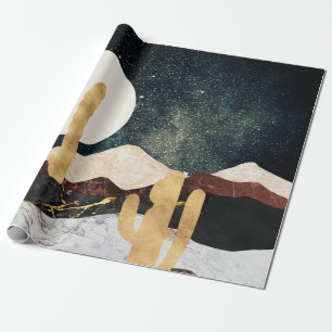 Abstrakt Desert Night Himmel med Golden Cactus Presentpapper