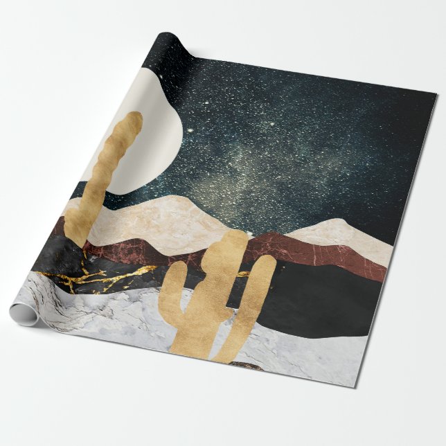 Abstrakt Desert Night Himmel med Golden Cactus Presentpapper (Utrullad)