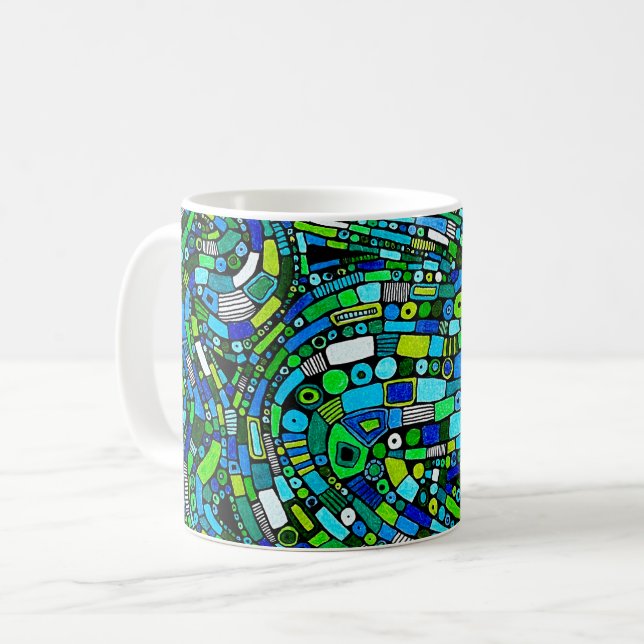 Abstrakt design Blå Gröna Vågor Former Kaffemugg (Framsida vänster)