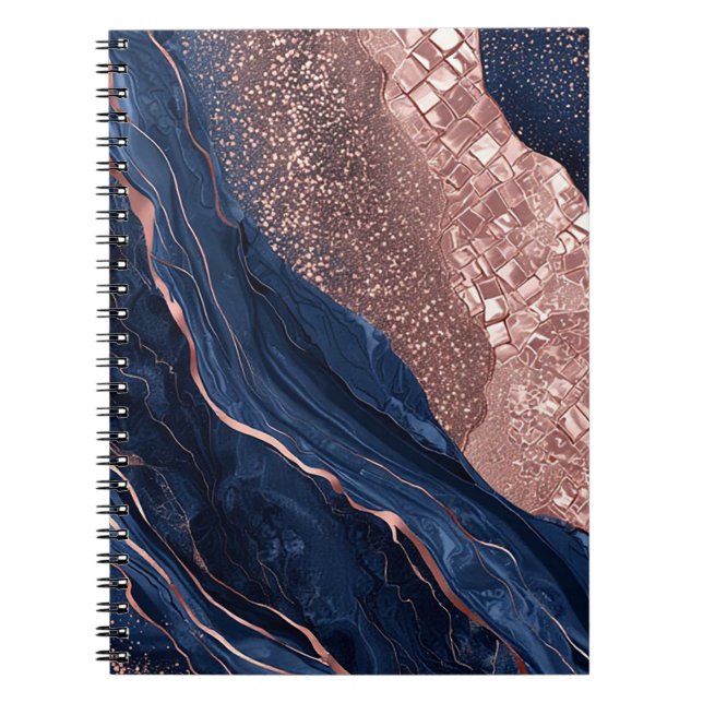 Abstrakt design med marinblått och roséguld marmor anteckningsbok (Framsidan)