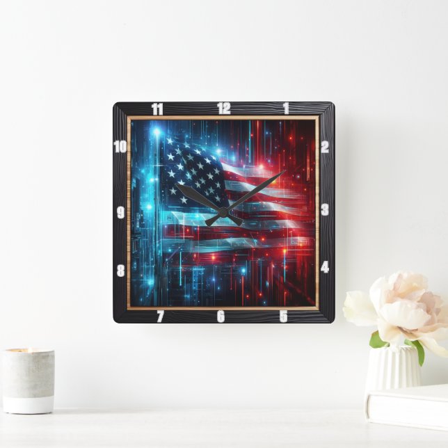 Abstrakt Digital American Flagga Fyrkantig Klocka (Hem)