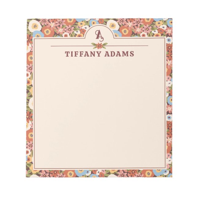 Abstrakt Ditsy Blommor Retro Monogram Anteckningsblock (Framsida)