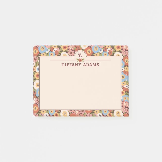 Abstrakt Ditsy Blommor Retro Monogram Post-it Block (Framsida)