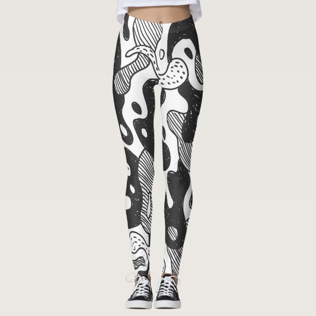 Abstrakt Doodle Camouflage Black Stil Leggings (Framsida)