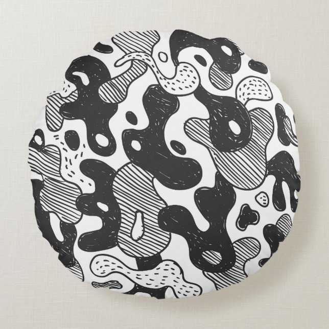 Abstrakt Doodle Camouflage Black Stil Rund Kudde (Framsidan)