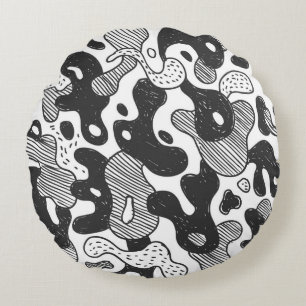 abstrakt doodle stil kamouflage,svart rund kudde
