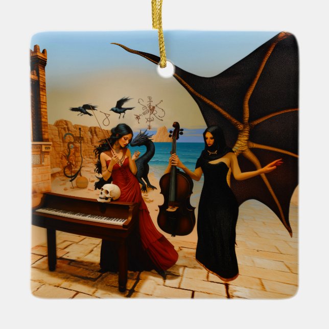 Abstrakt Dragon Skull Occult Mörk Witchy AI Art Julgransprydnad Keramik (Framsida)
