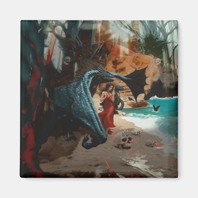 Abstrakt Dragon Skull Occult Mörk Witchy AI Art Magnet (Framsidan)