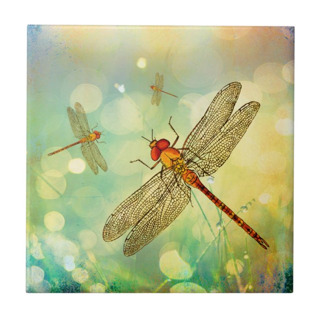 Abstrakt Dragonflies i en Garden Ceramic Tile Kakelplatta (Framsidan)