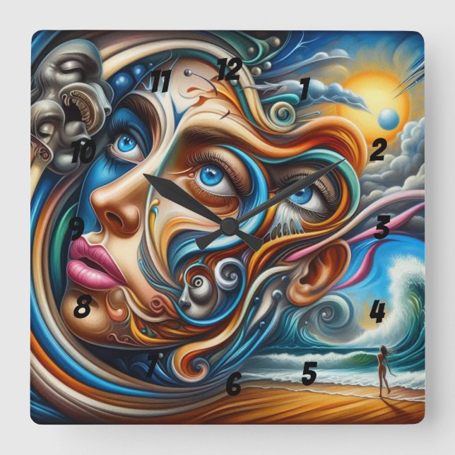 Abstrakt Dreamscape Ocean Serenity & Cosmic  Fyrkantig Klocka (Framsida)