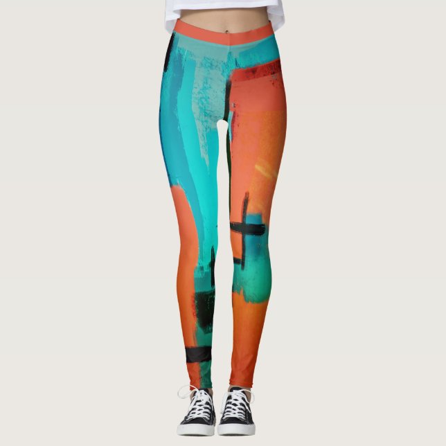 Abstrakt Dynamic Modern Orange Grönt Blue Black Leggings (Framsida)