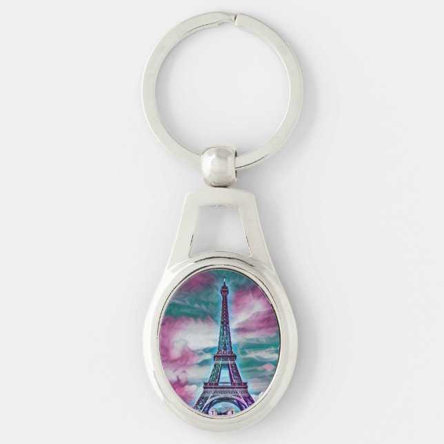 Abstrakt Eiffel Torn Keychain Ovalt Silverfärgad Nyckelring (Framsidan)