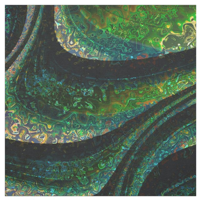 Abstrakt Emerald Grönt Guld Black Färgad Swirls Tyg (Provkarta)