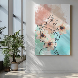 Abstrakt en linje ansikte med rosa blomma läppar canvastryck