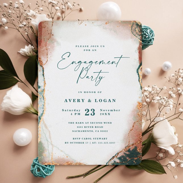 Abstrakt Etheral Teal & Copper Förlovningsfest Inbjudningar (Teal and Copper Engagement Party Invitation)
