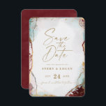 Abstrakt Etheral Vin Red & Guld Winter Wedding Spara Datumet<br><div class="desc">Abstrakt Etheral Watercolor Vin Red & Guld Bröllop spara datum Cards. Denna moderna utformning från bröllop är vacker för hand, med rik färg som är perfekt för vinter. Visas i Palettvägen Vin Bröllop, Färg, av: Mörk Vin Red, Castle Grått, Pearl Blek Rosa, Old Guld och Cascade Aqua Teal. Med faux...</div>