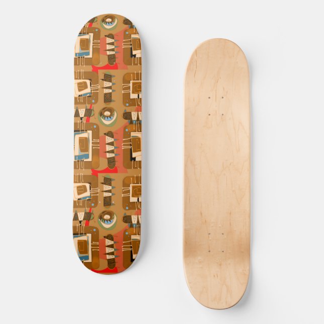 Abstrakt Ethnic Matrix - Brown Teal Terracotta Mini Skateboard Bräda 18,5 Cm (Framsida)