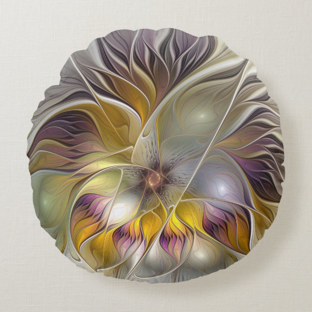 Abstrakt Fantasy Flower Fractal Art Rund Kudde (Framsidan)