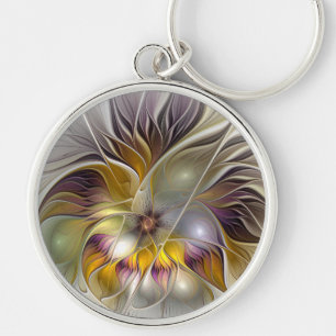 Abstrakt Fantasy Flower Fractal Art Rund Silverfärgad Nyckelring