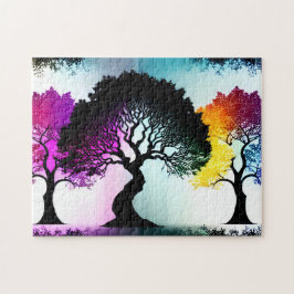 Abstrakt Färg Stänk om Silhouette Black Träd Pussel