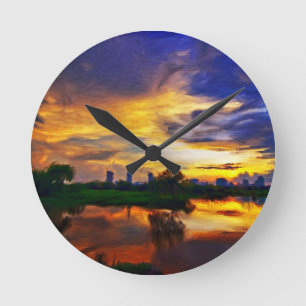 Abstrakt Färger målning Saigon Sunset Rund Klocka