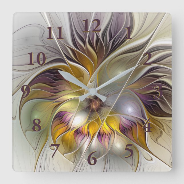 Abstrakt Färgfull Fantasy Flower Modern Fractal Fyrkantig Klocka (Framsida)