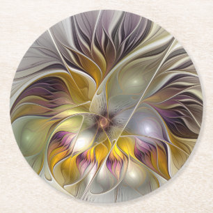 Abstrakt Färgfull Fantasy Flower Modern Fractal Underlägg Papper Rund