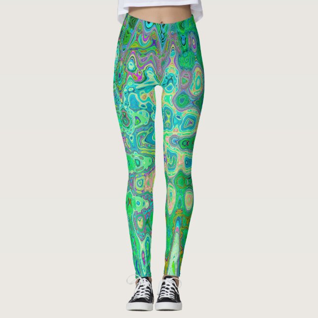 Abstrakt Färgfull Grönt Vågigt Mosaic Retro Leggings (Framsida)