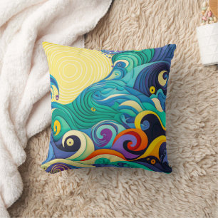 Abstrakt färgglad sol våg linje konst illustration kudde