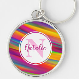Abstrakt Färgregat för regnbåge, Namn monogram Rund Silverfärgad Nyckelring