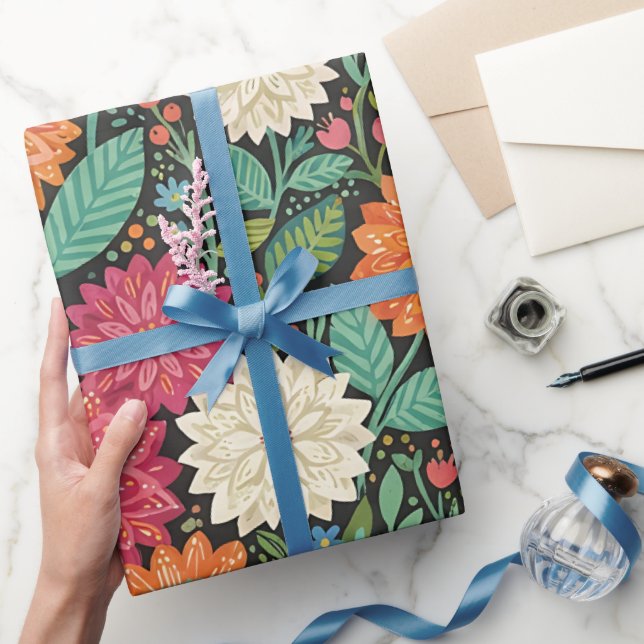Abstrakt Färgrik Folklig Dahlior Inpackningspapper Presentpapper (Gifting)