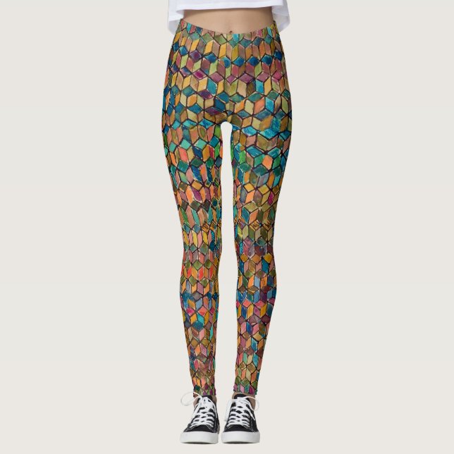 Abstrakt färgrik geometrisk lapptäcke leggings (Framsida)