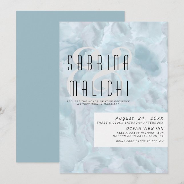 Abstrakt Färgstreck Bleken Dusty Blue Inbjudningar (Fram/baksida)