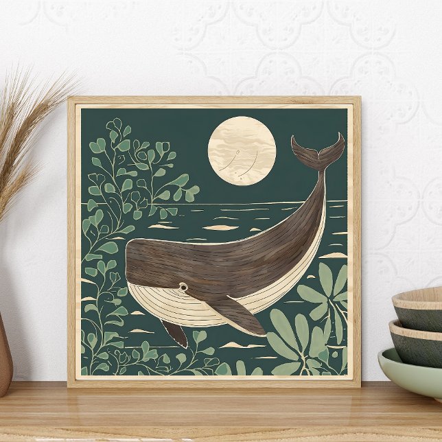 Abstrakt Fauvism Whale Poster (matisse like abstract painting of whale, moon, ocean. Japanese woodblock style)