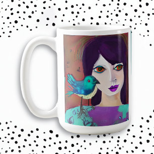 Abstrakt flicka & fågel lila och turkos personlig kaffemugg