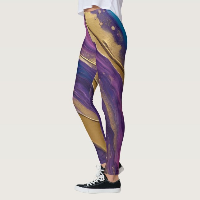 Abstrakt-Flow Art-Blue Lila Rosa och Guld Leggings (Vänster)