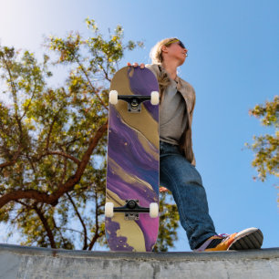 Abstrakt Flow Art-Blue Lila Rosa och Guld- Mini Skateboard Bräda 18,5 Cm