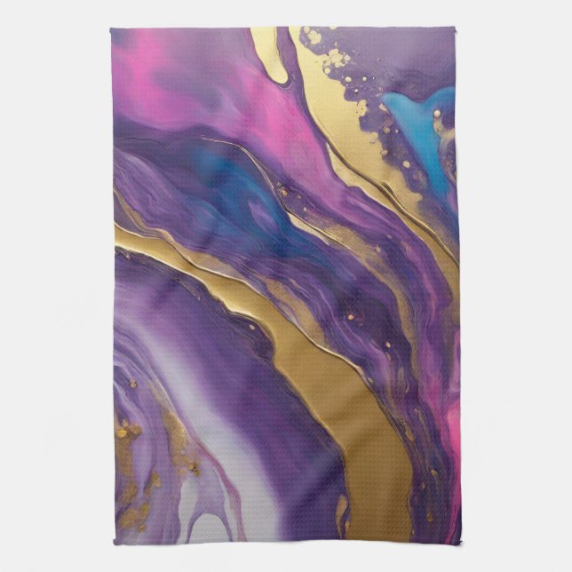 Abstrakt-Flow Art-Blue Rosa Lila och Guld Kökshandduk (Vertikal)