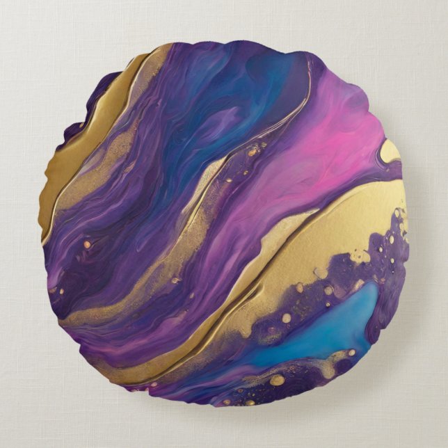 Abstrakt-Flow Art-Blue Rosa Lila och Guld Rund Kudde (Framsidan)
