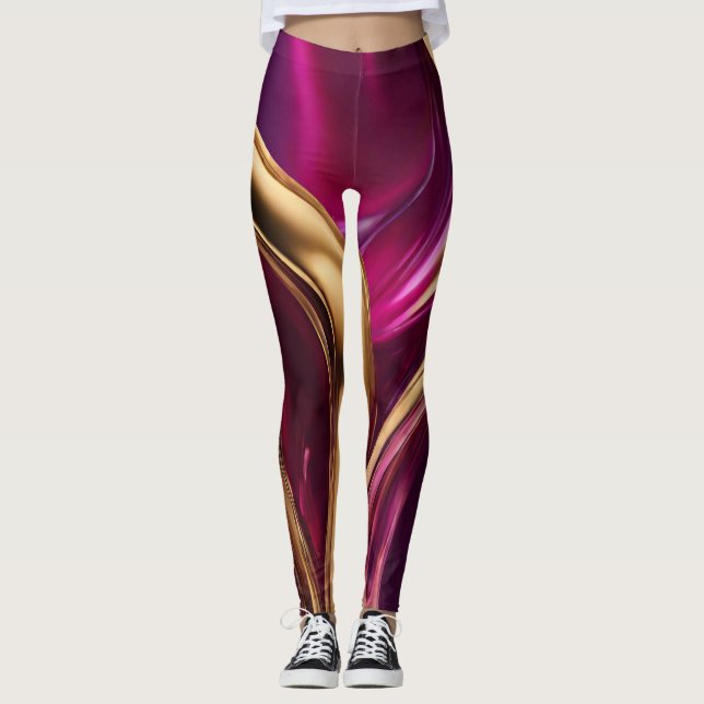 Abstrakt-Flow Art-Fuchsia Lila och Guld Leggings (Framsida)