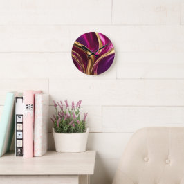 Abstrakt-Flow Art-Fuchsia Lila och Guld Rund Klocka