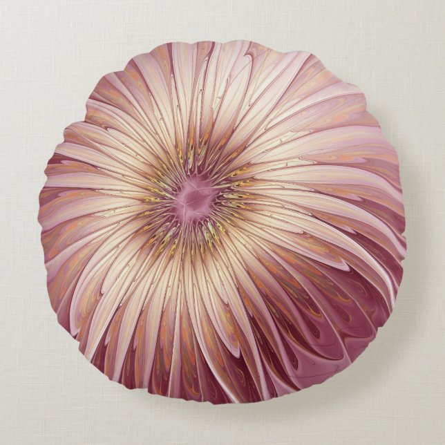 Abstrakt Flower Fractal Art & Shades of Burgundy Rund Kudde (Framsidan)
