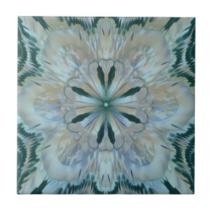Abstrakt Flower Fractal Teal White Blue Grått Kakelplatta