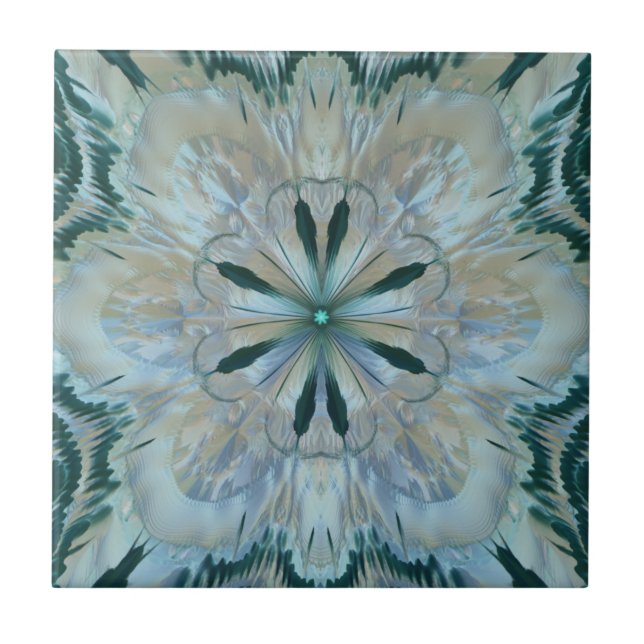 Abstrakt Flower Fractal Teal White Blue Grått Kakelplatta (Framsidan)