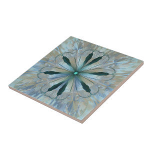 Abstrakt Flower Fractal Teal White Blue Grått Kakelplatta