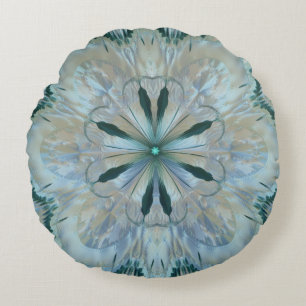 Abstrakt Flower Fractal Teal White Blue Grått Rund Kudde
