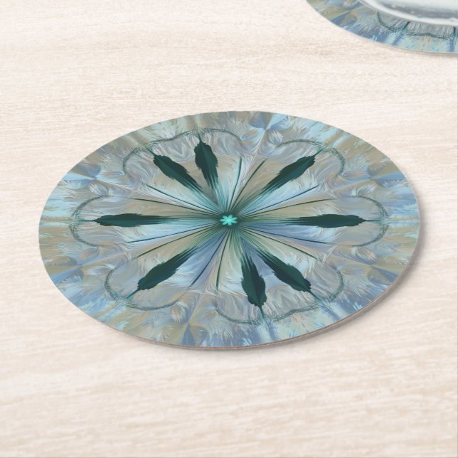 Abstrakt Flower Fractal Teal White Blue Grått Underlägg Papper Rund (Vinklad)